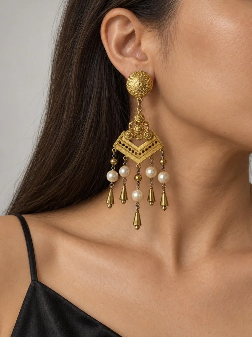 Givenchy Vintage Gold Faux Pearl Chandelier Earrings
